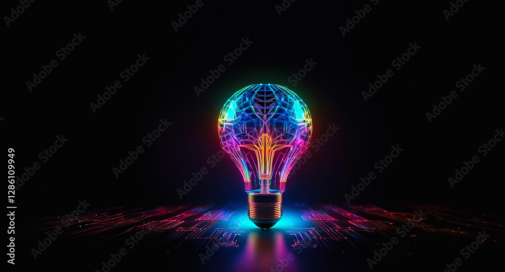 Poster A glowing light bulb with intricate, colorful patterns inside illuminates a dark space.  It evokes ideas of bright innovation and technological concepts.
