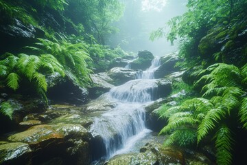 Fototapeta premium Lush green rainforest waterfall with vibrant ferns and moss