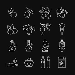 Olive oil line white icon set on black background. Vector collection with olive branch, glass bottle, fork, cream. Editable stroke.