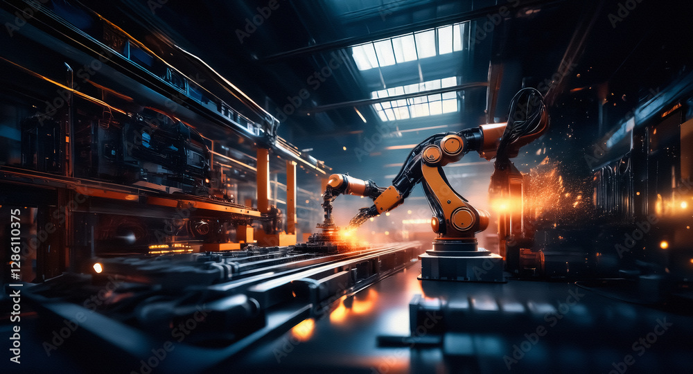 Aufkleber automated robotic arms work on a production line in a futuristic industrial setting. sparks fly in t