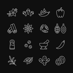 Spice and seasoning line white icon set on black background. Vector collection condiment with vanilla, clove, hot pepper, cinnamon, anise star, salt shaker, ginger and nutmeg. Editable stroke.