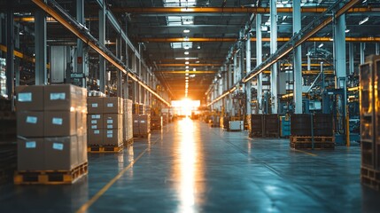 Obraz premium A large warehouse with a yellow light shining on the floor