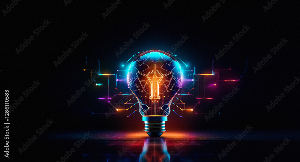 Poster A glowing light bulb with digital lines and neon lights stands on a reflective surface against a black background. Futuristic and vibrant design.