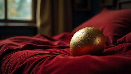 A gilded egg displayed in a high-security glass case in a minimalist, modern art gallery on a bright, sunny summer day, created with generative ai