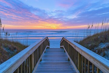Naklejka premium Wooden pier extending into the ocean under a pastel sunset sky