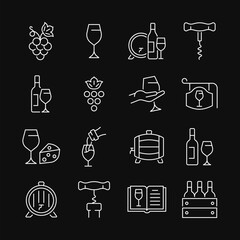 Wine line white icon set on black background. Vector collection with glass, grape, barrel, bottle, cheese. Editable stroke.