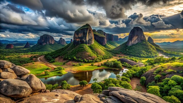 Panoramic Vista of Pungo Andongo's Majestic Mountains & Black Stones, Angola