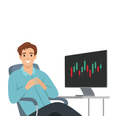 Confident Trader at Work sits comfortably in his chair monitoring a stock market candlestick chart. Flat vector illustration isolated on white background