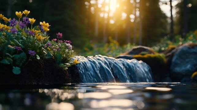 Serene Sunset Waterfall with Blooming Flowers