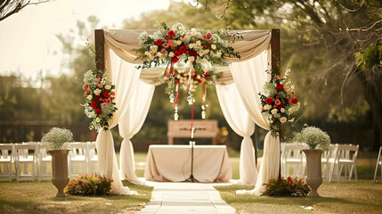 Elegant outdoor wedding setup with floral decorations and a serene background ambiance