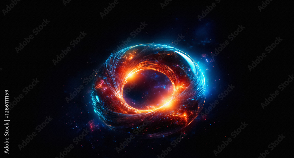 Poster abstract cosmic portal with swirling energy. a vibrant vortex of orange and blue light glows against