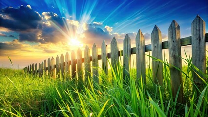 Obraz premium Rustic Wooden Fence with Lush Green Grass, Summer Day Stock Photo