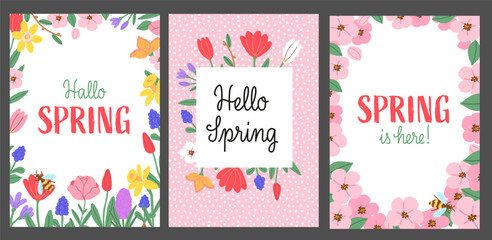 Hello Spring Greeting Cards. Postcards with Hand Drawn Spring Flowers.