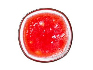 Glass of fresh tomato juice isolated on white background. Top view. Flat lay.