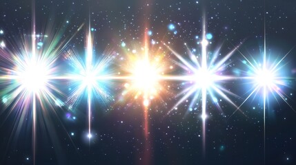 Obraz premium Celestial fireworks illuminate the night sky, a vibrant cosmic ballet of multicolored stars bursting with radiant energy and dazzling light beams.