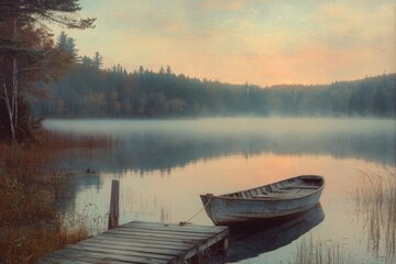 Obraz premium Tranquil lake at sunset with a wooden boat floating on still water