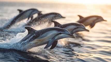 Fototapeta premium Dolphins leaping in ocean at sunrise