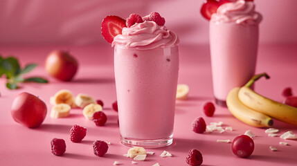 A vibrant fruit smoothie in a clear glass, surrounded by fresh ingredients and stylish props.