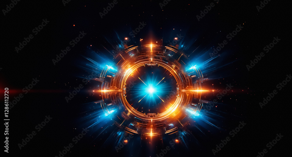 Poster abstract glowing circle with bright orange and blue lights on a dark background. a futuristic and te