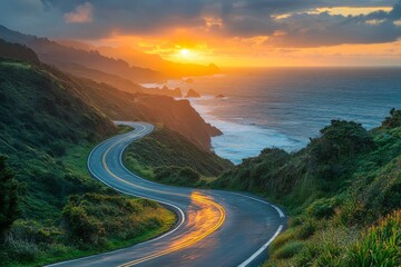 Scenic coastal highway curving along cliffs at sunset