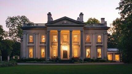 Obraz premium Elegant Mansion Home Exterior with Columns and Glowing Windows at Dusk
