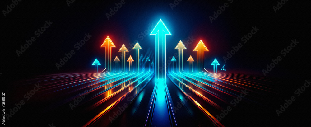 Poster vibrant blue and orange arrows glow, pointing upwards on a dark background, suggesting forward motio