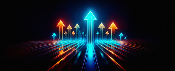 Vibrant blue and orange arrows glow, pointing upwards on a dark background, suggesting forward motion and progress. Dynamic perspective.