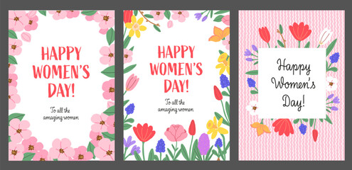 Women's Day Greeting Cards Set with Floral Designs