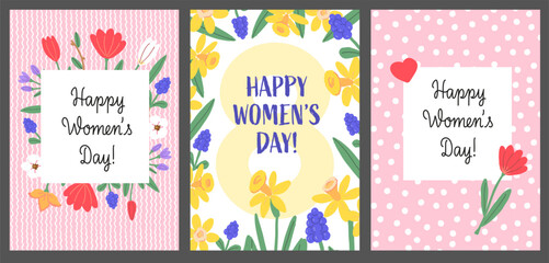 Women's Day Greeting Cards Set with Floral Designs