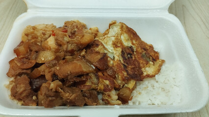 mixed vegetable and meat rice with fried egg