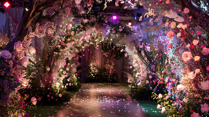 Beautiful floral archway leading to a romantic venue with colorful lights and petals scattered