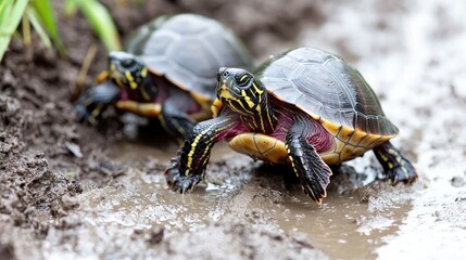 Fototapeta premium Two painted turtles walk on muddy path, nature background
