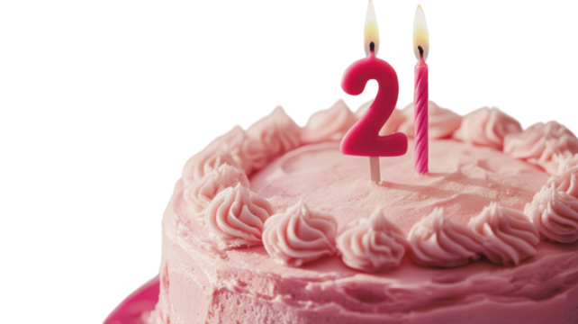 Celebration of a 21st birthday with a pink cake adorned with candles and frosting - Powered by Adobe