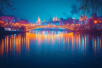Naklejka premium City skyline reflecting colorful lights on the calm water