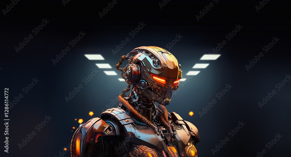 Leinwandbilder a metallic futuristic robot with glowing orange eyes is positioned against a dark background illumin