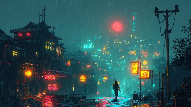 A pixel hero fighting neon shadow monsters in a glowing city