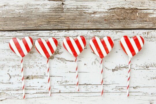 Red and White Striped Heart Shaped Lollipops on Rustic Wood Background - Powered by Adobe