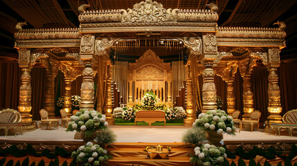 Fototapeta premium Ornately decorated ceremonial stage with floral arrangements, golden accents, and ambient lighting