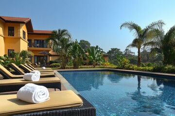 Obraz premium Luxury backyard with swimming pool and tropical garden
