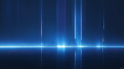 A hyper-detailed digital skyline, composed of bright blue vertical light bars, sleek architectural forms