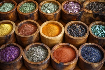 Fototapeta premium Assorted spices and herbs displayed in colorful rustic wooden bowls