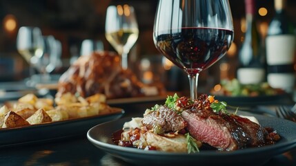 A tempting display of perfectly cooked steak served alongside signature wine, capturing the essence of an upscale dining experience filled with warmth and charm.