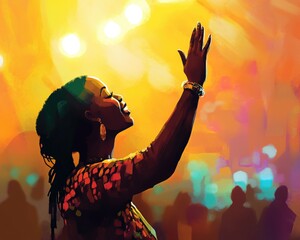 Celebrating Faith: African American Woman Raising Hand in Praise at Church Service