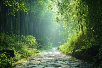 Serene forest path surrounded by towering bamboo trees with soft sunlight filtering through