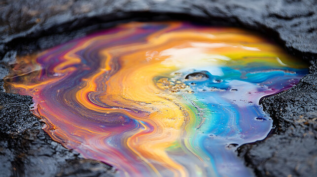 Iridescent Spill: An oil spill shimmers with vibrant rainbow hues, creating an abstract yet impactful visual representation of environmental pollution and its consequences.