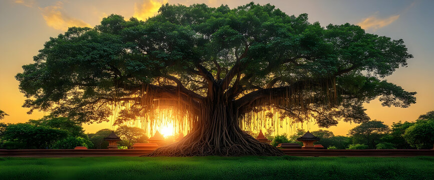 Majestic Banyan Tree At Sunset