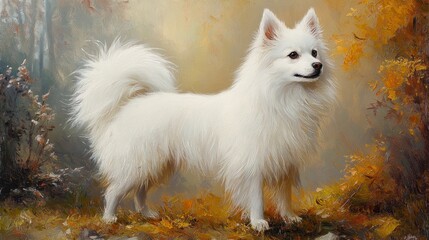 White Fluffy Dog Autumn Forest Painting Art Print
