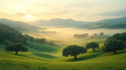 Rolling Green Hills and Trees with Morning Mist and Golden Sunrise