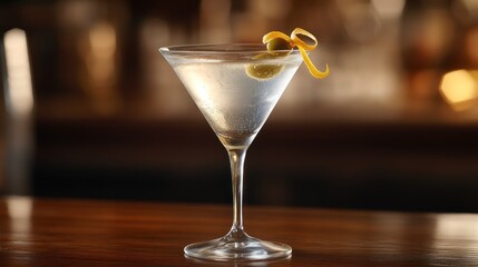 Elegant martini on bar with olive and zest