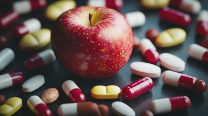 Contrasting Wellness: Fresh Apple Meets Essential Pills in a Healthy Lifestyle Concept